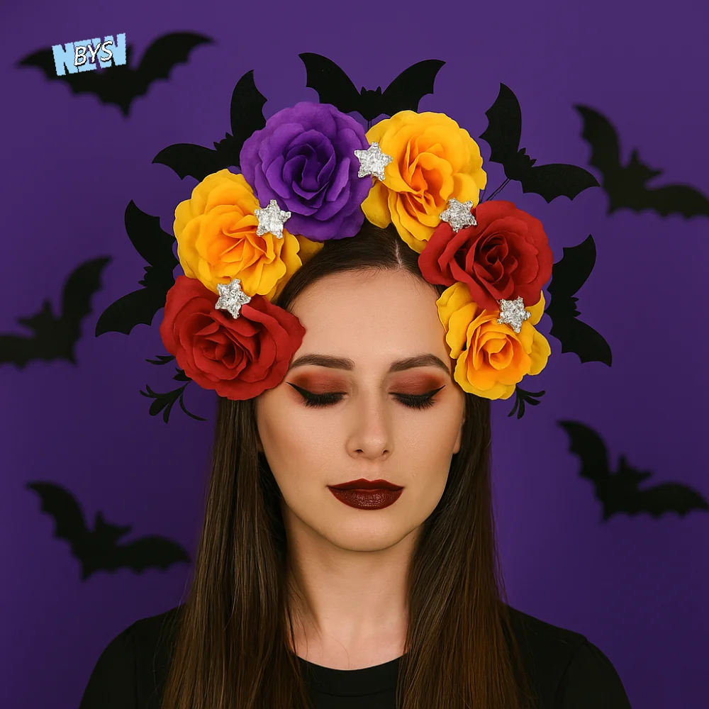 

Exaggerated Skull Head Headband Simulation Bat Halloween Decor Halloween Hair Hoop Colorful Funny Gothic Flower Hairband