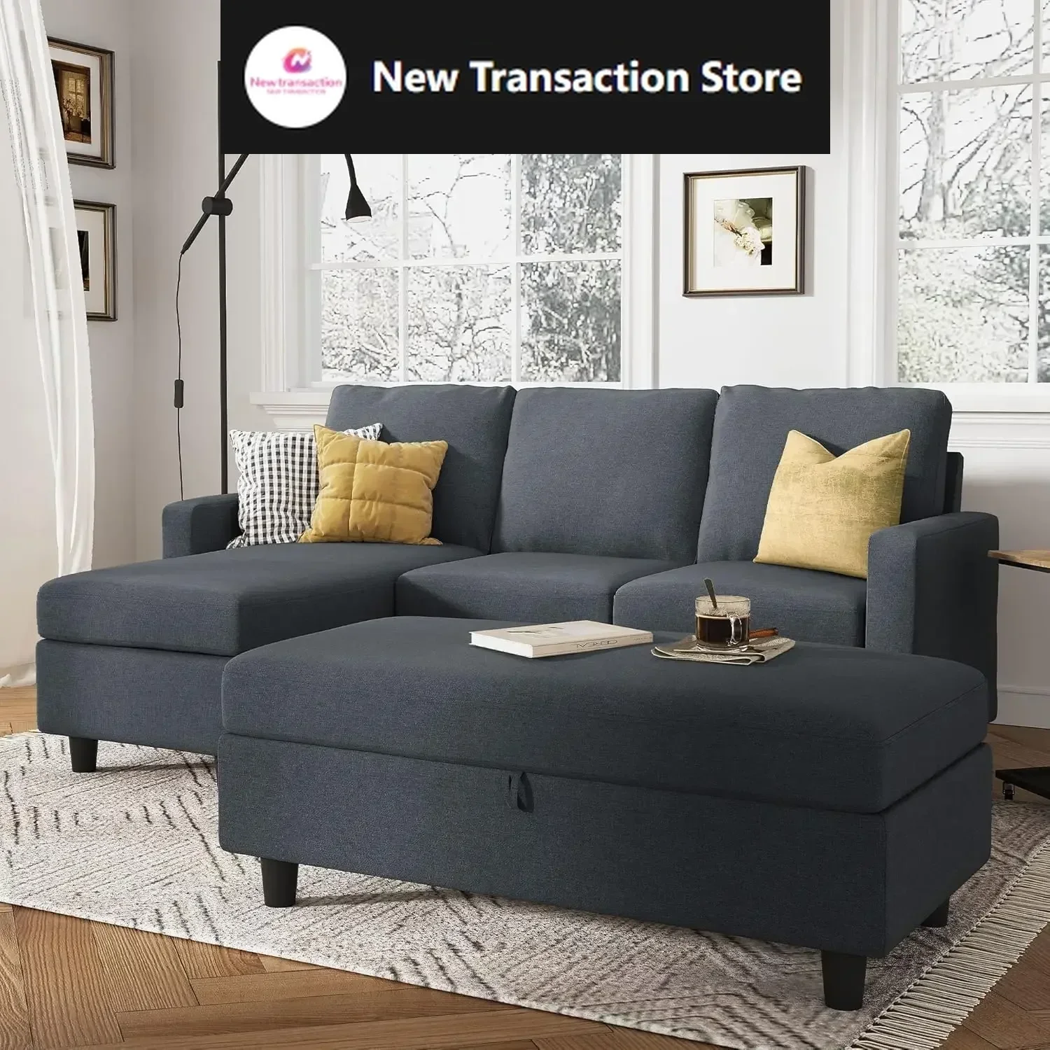 

Reversible Sectional Couch with Chaise Modern Linen Fabric L Shape Sofa for Apartment Sectional Set with Ottoman in Bluish Grey