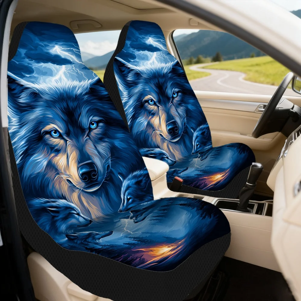 2pcs Blue Wolves Lightning Storm Style Automotive Seat Covers Trendy Interior Upgrade Soft And Breathable Fabric With Anti-Slip