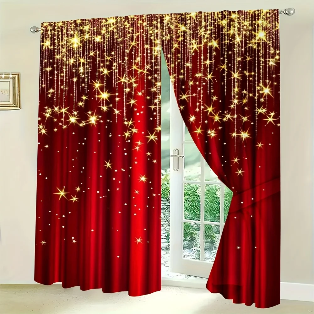 Red Golden Star Curtains 2pcs, Flash Stripe Semi-Transparent Polyester Rod Pocket for Living Room Kitchen Dining Room Decor