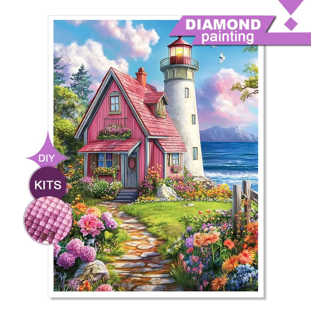 Huacan Full Square Round Drill Diamond Painting Seaside Lighthouse Pink Cabin Diamond Mosaic Landscape Set Home Decoration