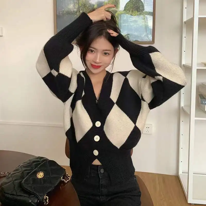 SALIENCY Women Knitted Cardigan Sweater for Women Autumn Winter Diamond Pattern Vintage Japanese Style Casual Knit Jacket