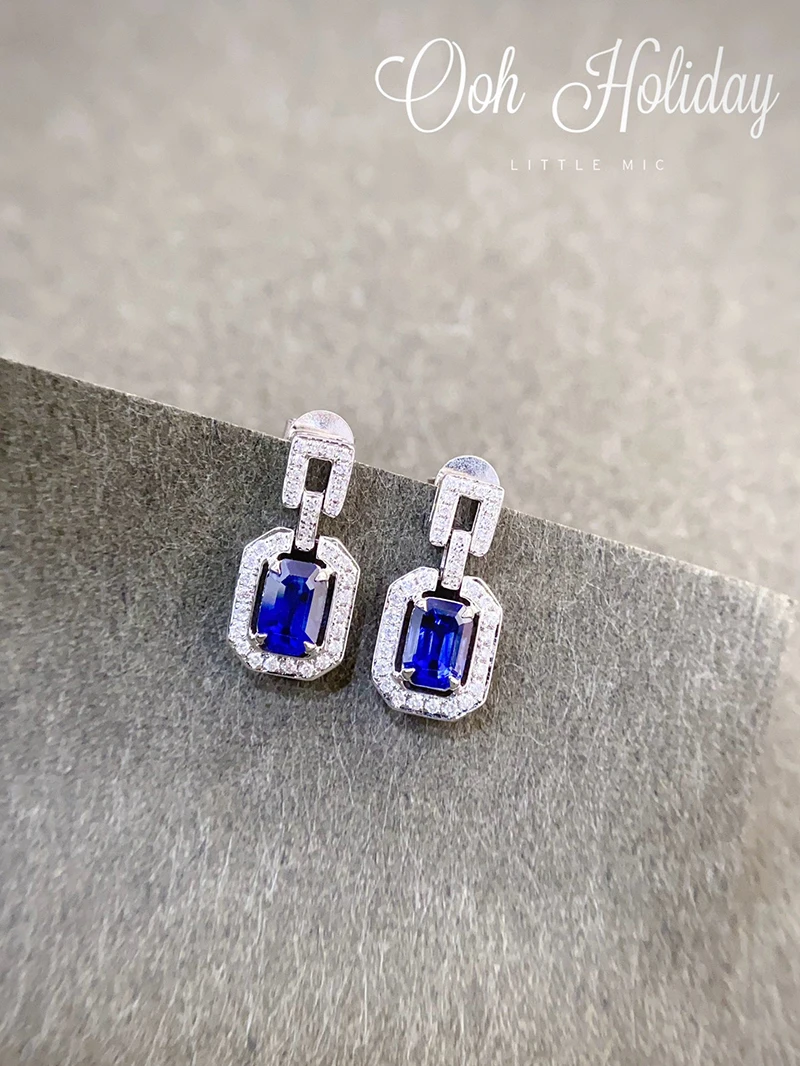 LUOWEND 100% 18K White Gold Earrings Luxury Elegant Style Shiny Diamond Natural Sapphire Earrings for Women High Party Jewelry