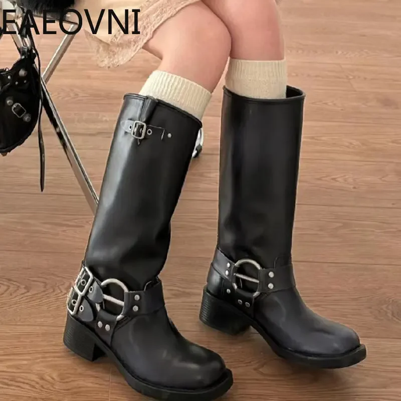 Bottes de chevalier à enfiler au genou pour femmes, bottines de motard pour dames, talon bas, mode, automne, hiver, nouveau, 2023