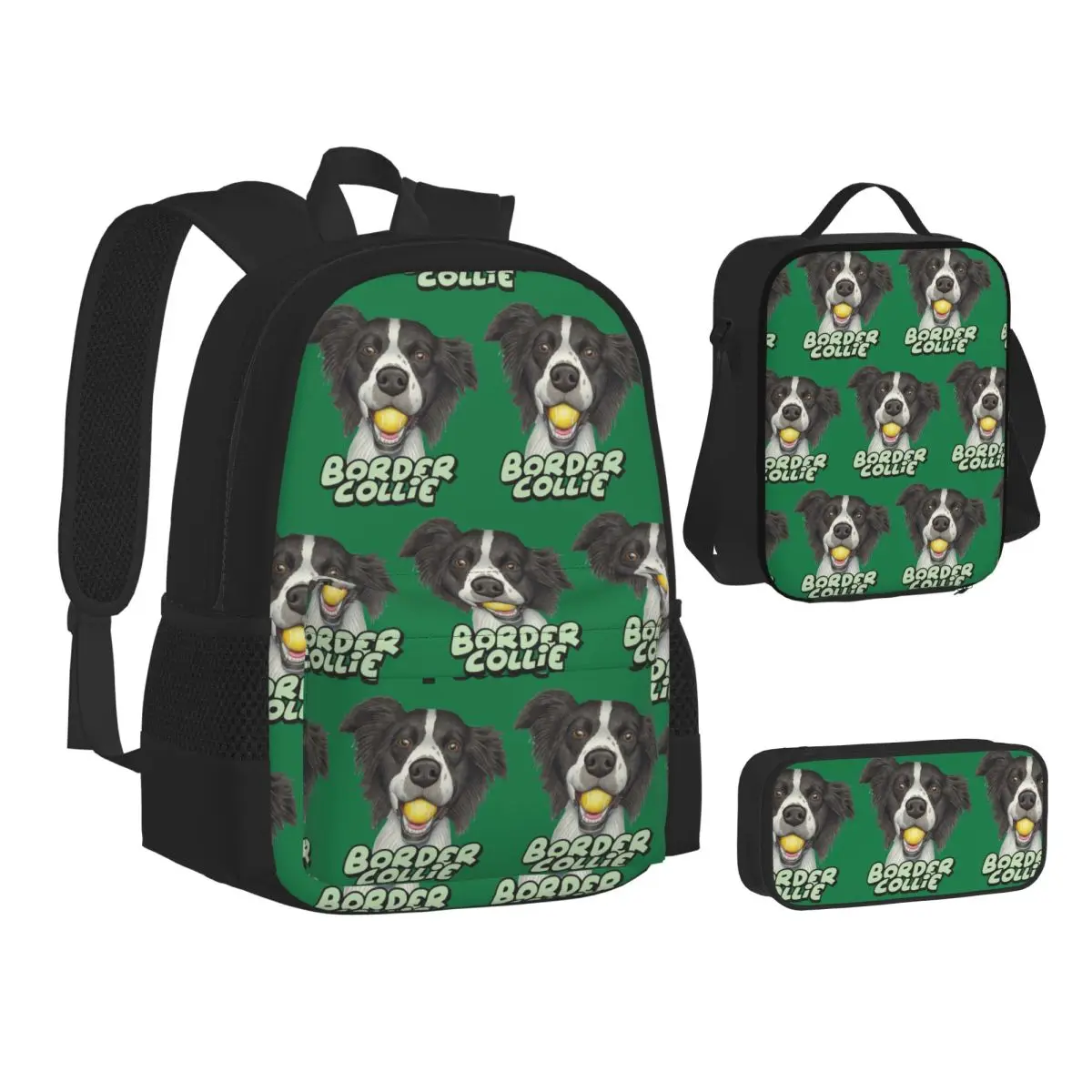

Cute Border Collie Dog With Tennis Ball In Mouth Backpacks Students School Bags Kids Rucksack Lunch Bag Pen Bag Three-Piece Set