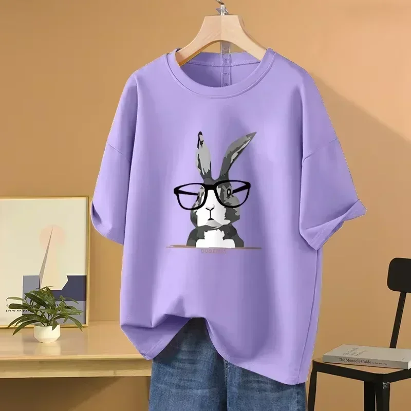 EBAIHUI L-5XL Plus Size T Shirt Bunny Print O Neck Tshirt Short Sleeve Women Top Basic Summer Couple Solid T Shirts