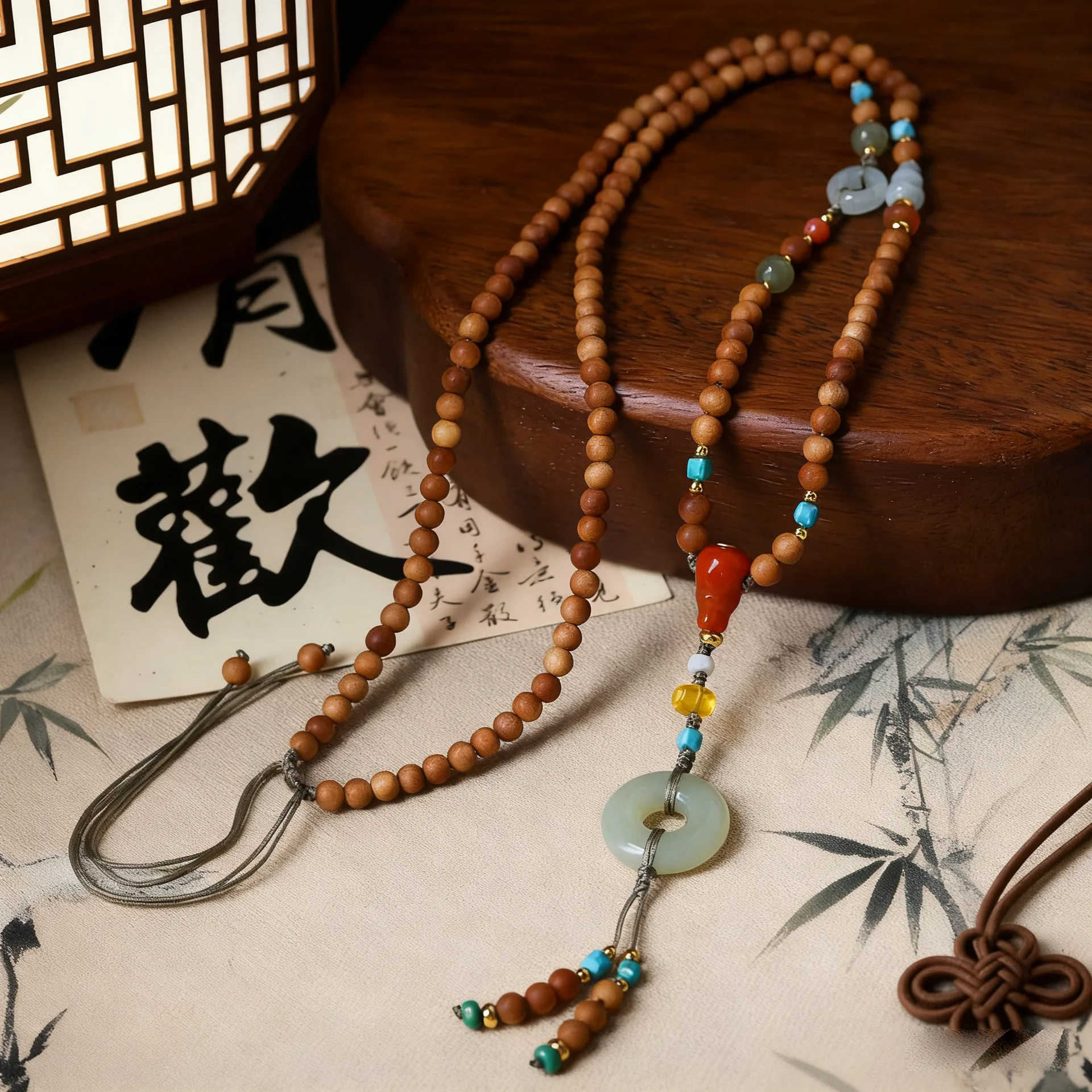 

wovennecklace made of Laos sandalwood, featuring a cultural ornament of Hotan Jade a new Chinese style sweater chain for women