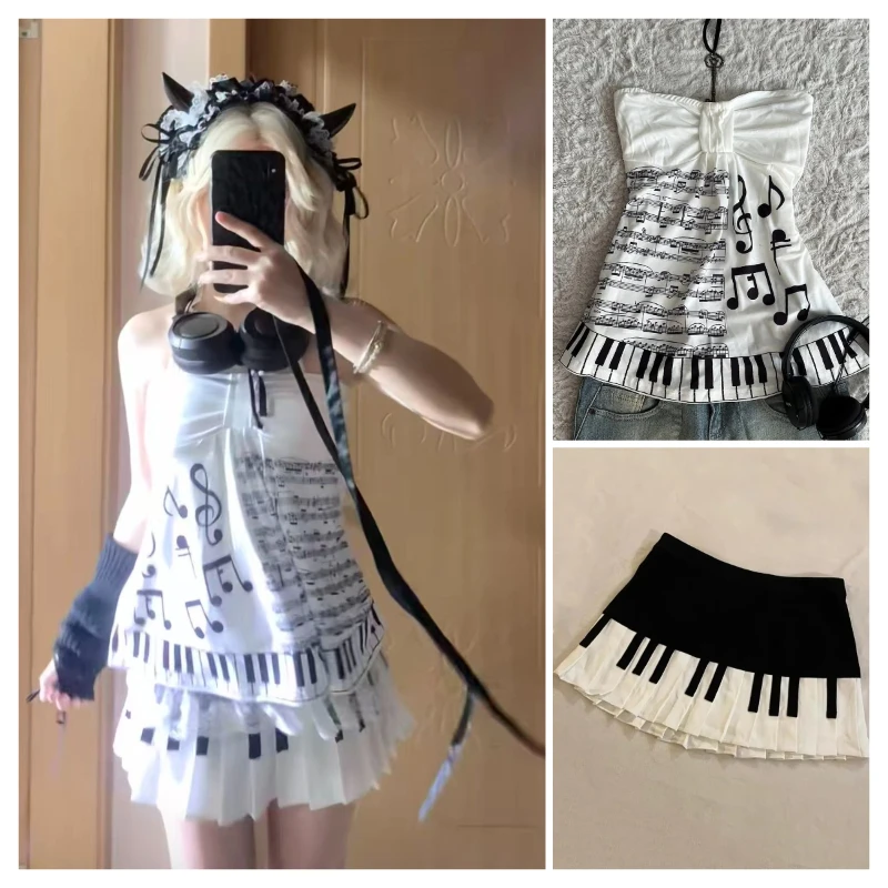 Women Summer Two Piece Outfits Piano Print Sleeveless Crop Vest Y2K Mini Skirt American Retro Japanese Subculture Street Sets