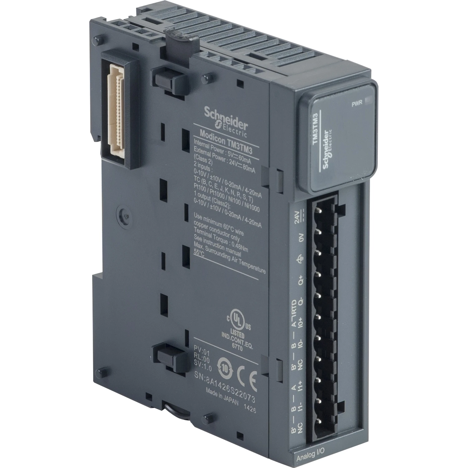 TM3TM3 analog IO module, Modicon TM3, 2 analog or temperature inputs, 1 analog output, screw, 24V DC