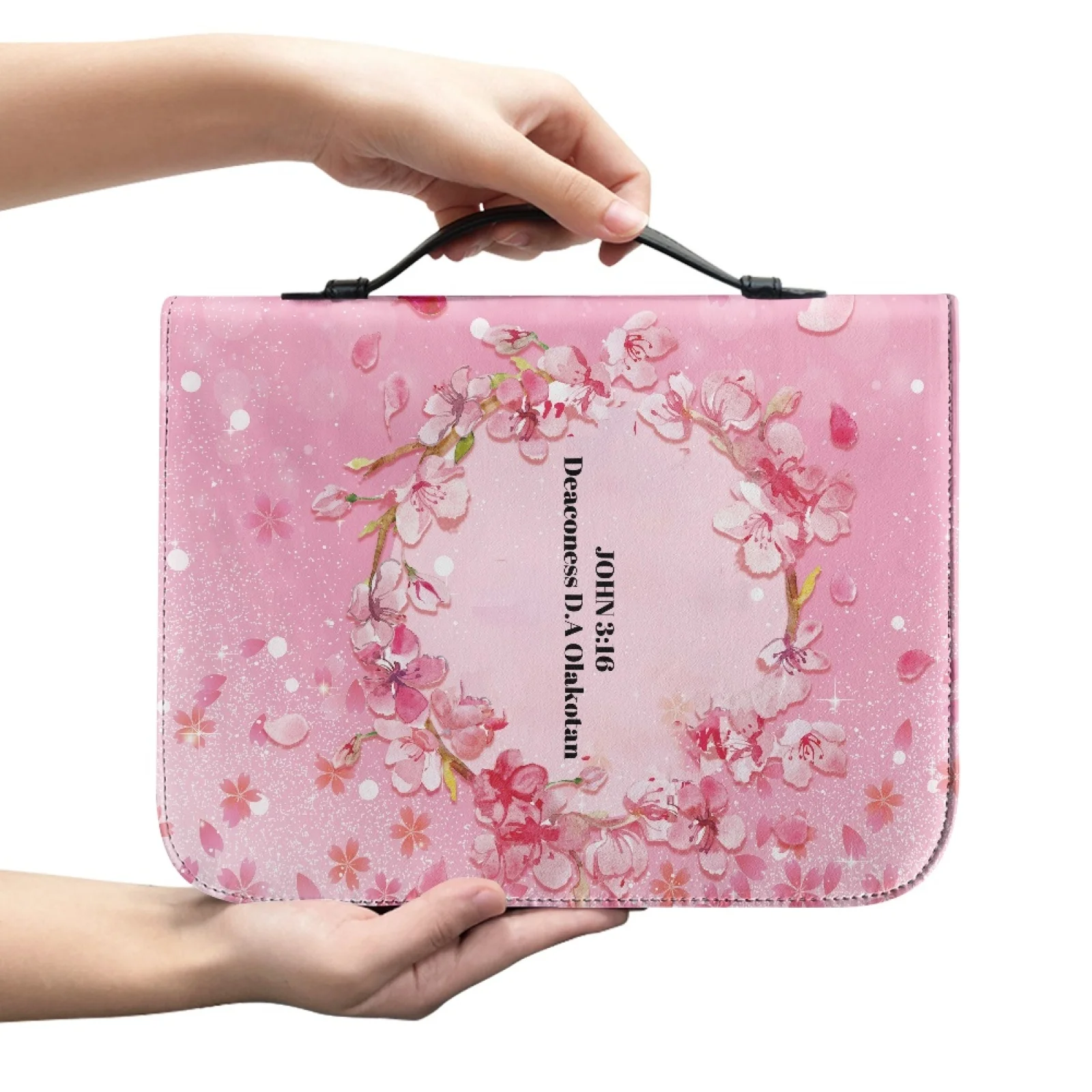 XIXIRIMIDO Pink Cherry Blossom Wreath Zipper Bible Cover for Christian Prayer Study PU Leather Book Carrier New Arrival