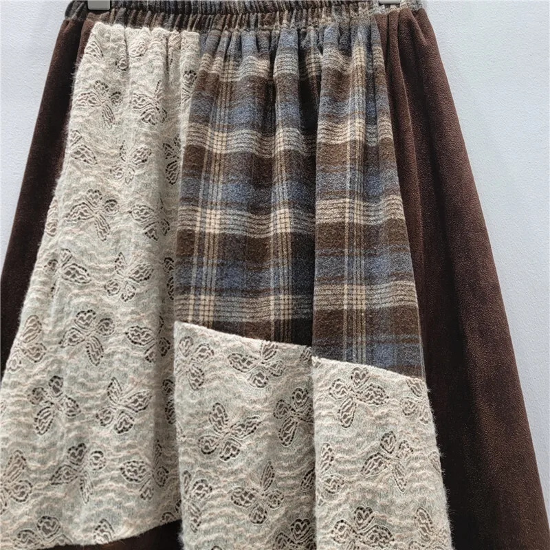 Spódnica damska HKSH Jesień Zima Nowa Kolekcja Blok Kolorów Asymetryczna Patchworkowa Koronka Ażurowa Szydełkowa Krata Plisowana Retro Spódnice w Stylu Ins HK14637