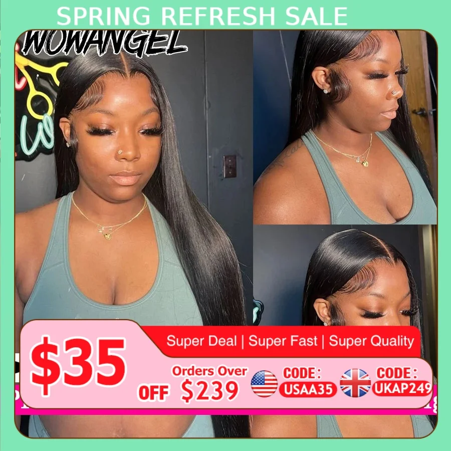 WowAngel 250% Pre Bleached 13x6 HD Lace Front Wigs 34in Glueless Straight Human Hair Wigs Pre Plucked Brazilian Hair For Women