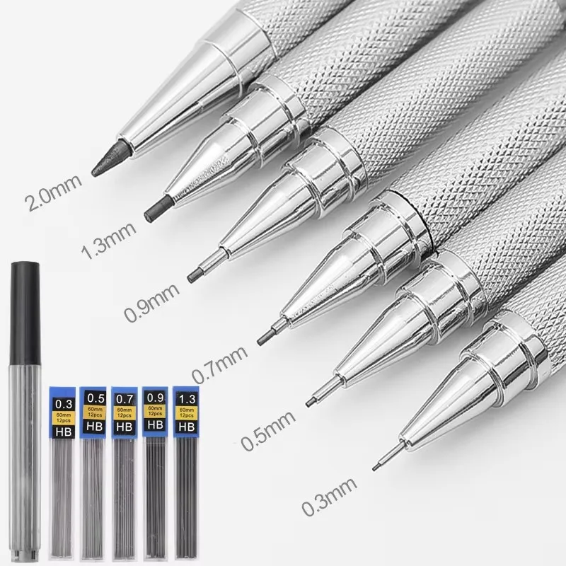 0.3 0.5 0.7 0.9 1.3 2.0mm Drawing Pencil Set HB Art Sketch Writing Metal Mechanical Pencil with Leads School Office Stationary