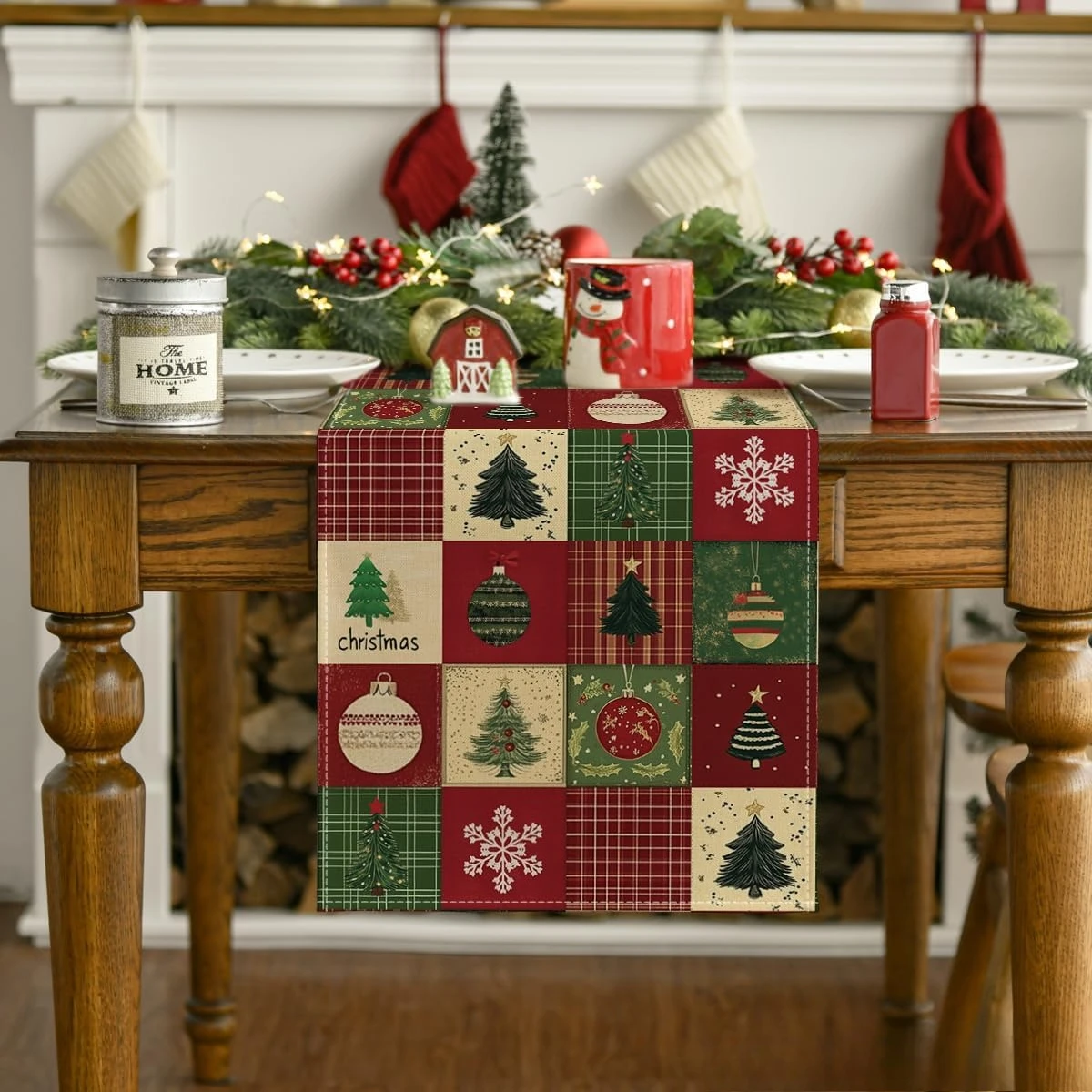 Christmas Tree Xmas Ball Plaid Linen Table Runner Party Decor Winter Snowflake Kitchen Dining Table Runners Christmas Decoration