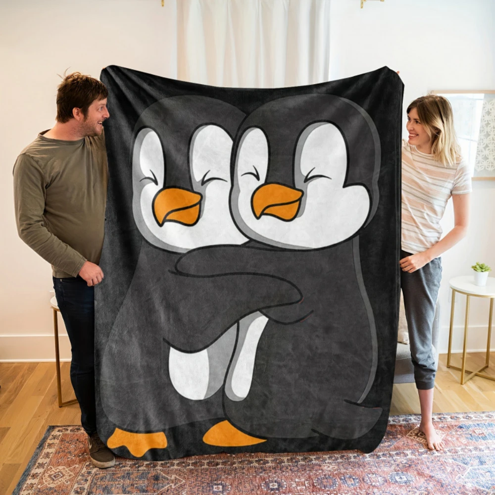 Hugging Penguin Cartoon Portrait Print Throw Blanket,warm for downtime on couch,media room,window lounge,birthday gifts