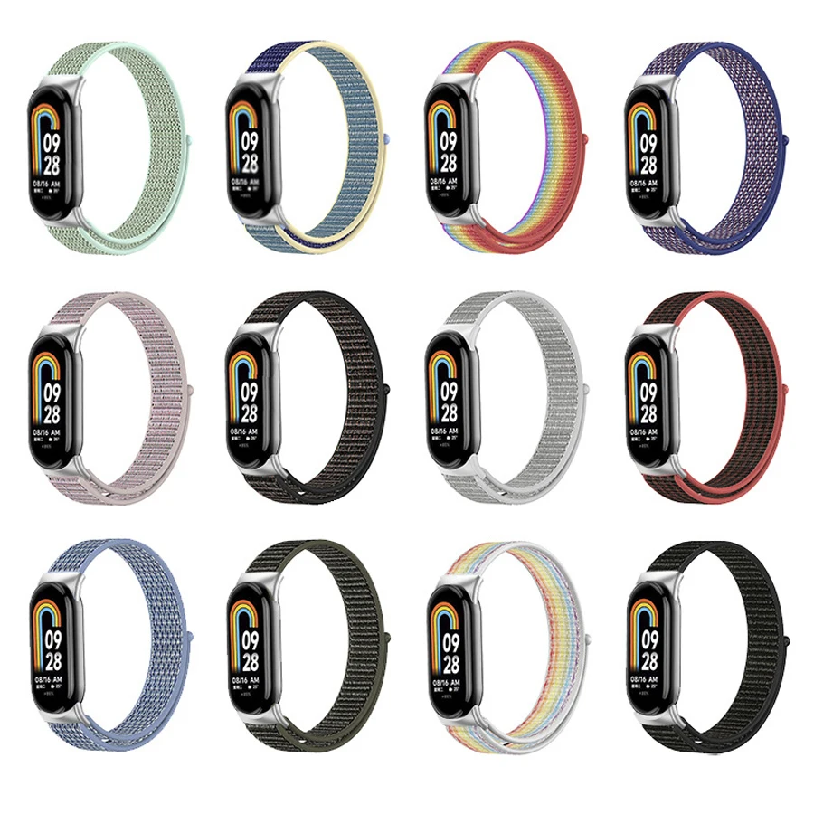 Xiaomi Mi Band 10 9 8用ナイロンループストラップ、通気性リストバンドブレスレット、スポーツPulseraウォッチバンド、Miband 8 9 NFCメタルジョイント対応