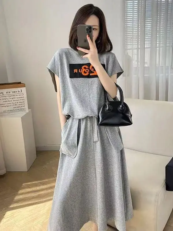plus Size Casual Fashion Set Women's Clothing Short Sleeve Belly Covering Meat Hiding High Waist A-Line Skirt Summer Outfit
