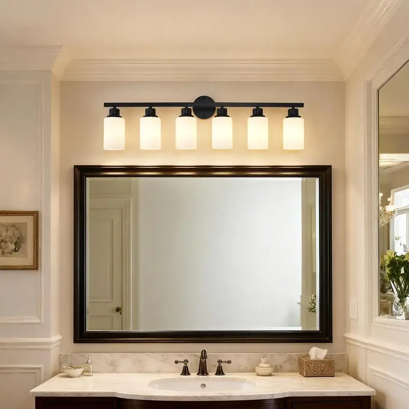 

6-Light Black Wall Sconce with White Glass Shades for Bedroom and Living Room Lighting