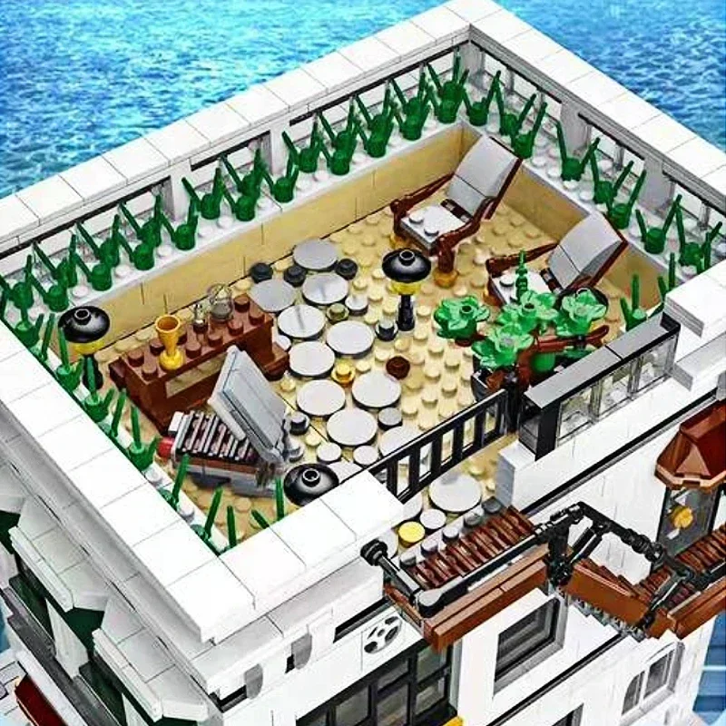 4132PCS Seafood Restaurant Model Building Blocks Creative City Street View MOC Bricks Set With Light Desktop Ornaments Kids Toys