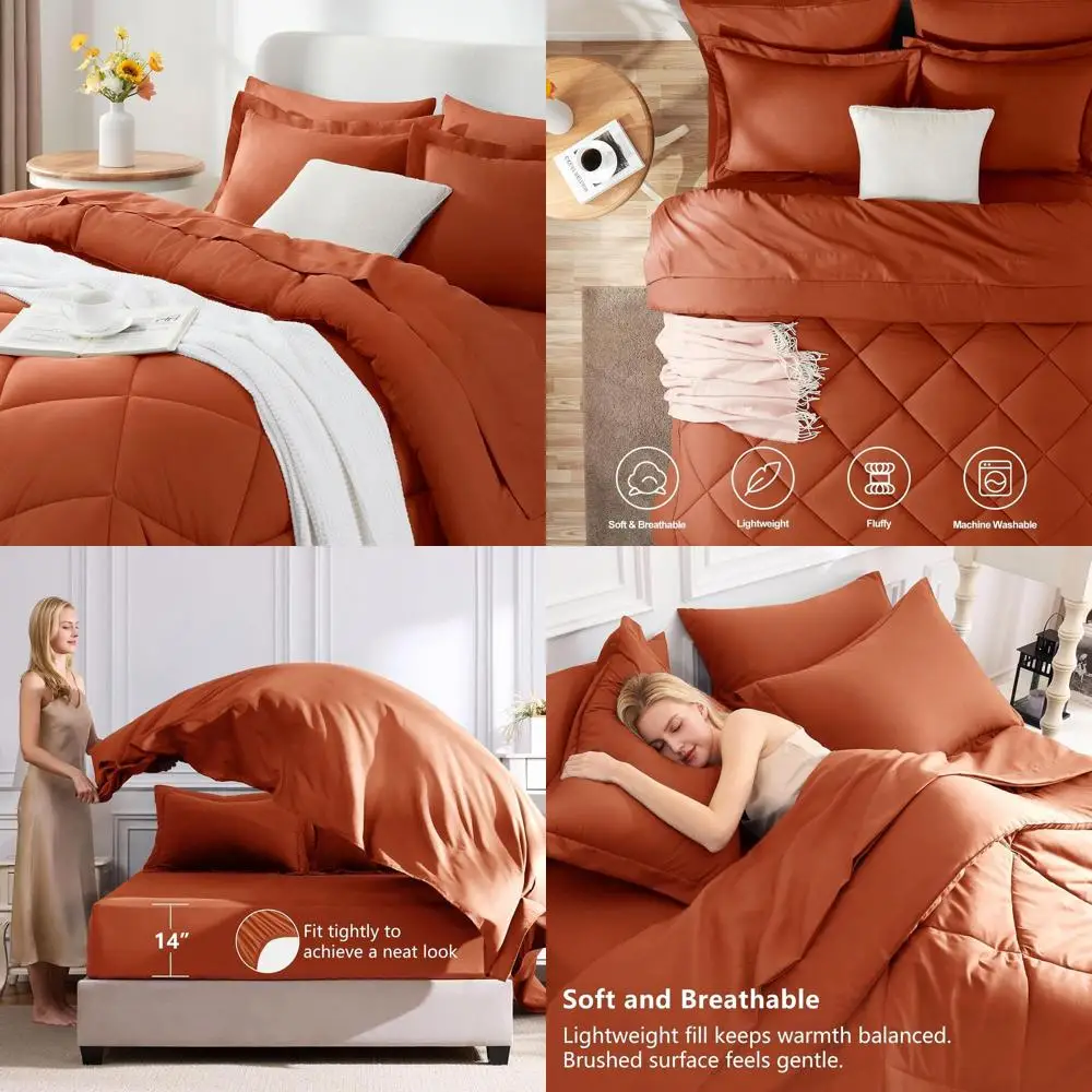 

Роскошный комплект одеял King из 7 предметов Burnt Orange с простынями, наволочками и шамами на все сезоны