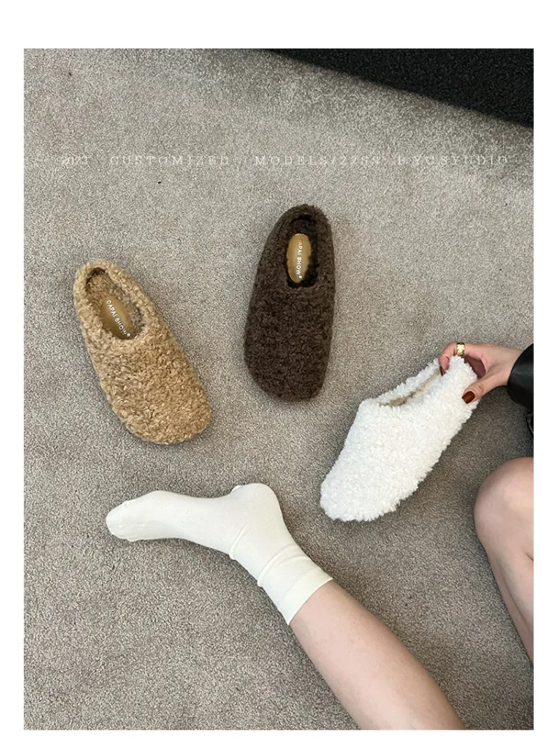 Kolnoo Wholesale Hot Sale Autumn Winter Simple Lazy Wool Shoes Women's Lamb Wool Foot Home Slipper Warm and Wear Flat Slippers