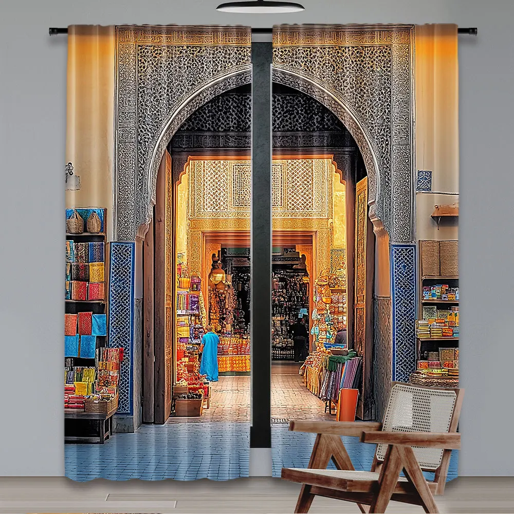 2Pcs Moroccan Curtains Typical Moroccan Door To Old Medina Mediterranean Historical Arch Entrance For Bedroom Living Room And