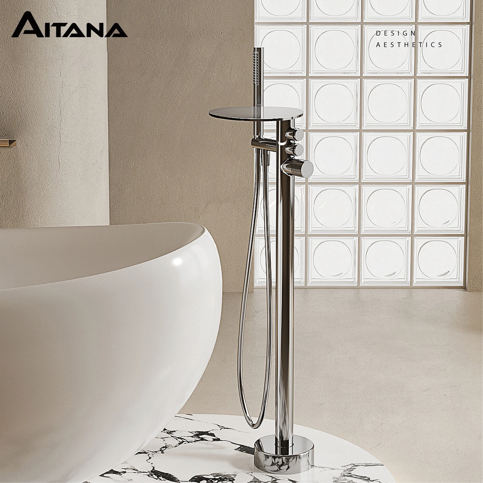 Gun Grey Brass Freestanding Bathtub Faucet 2 Ways Hot Cold Water Tap Floor Mount Tub With Storage Shelf Bathroom Luxury Bath Tap