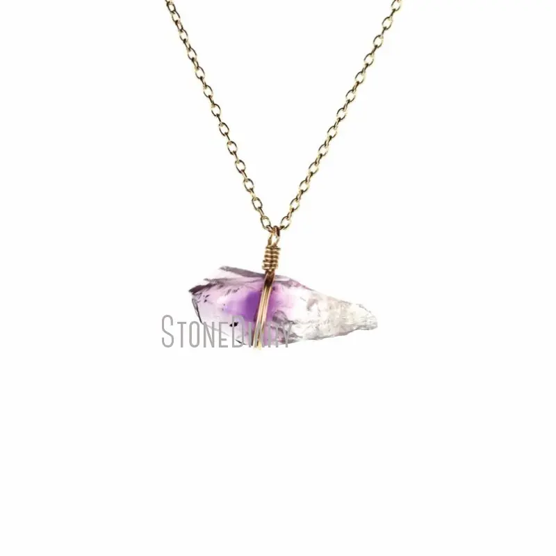 

NM42472 Raw Amethyst Crystals Healing Stones Free Form Pendant Gold Color Chain Wire Wrapped February Birthstone Necklace