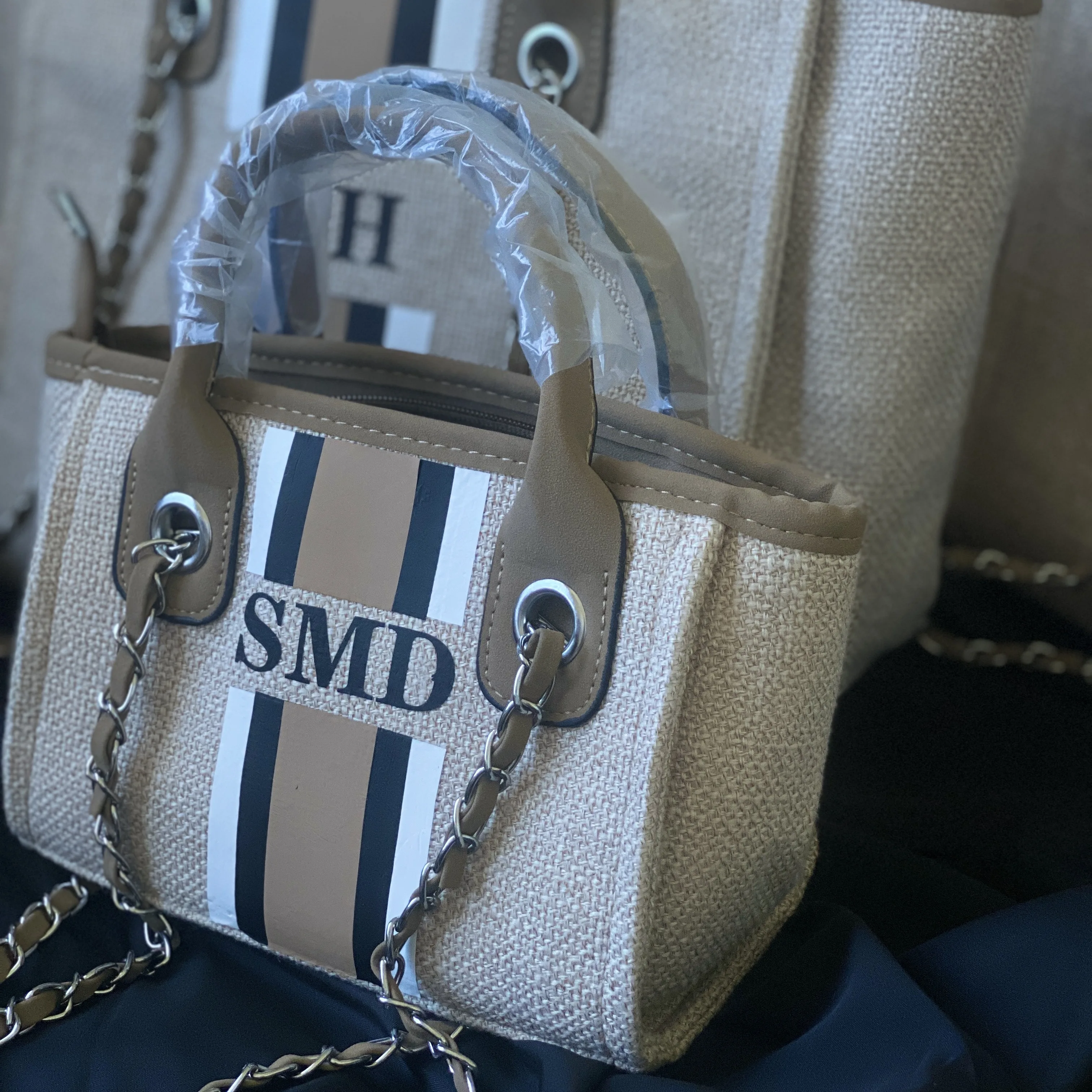 Personalized Monogram Tote Bag Beach Holiday Handbag Customised Stripe Initials Chain Handbag  Bridesmaid Proposal Bag