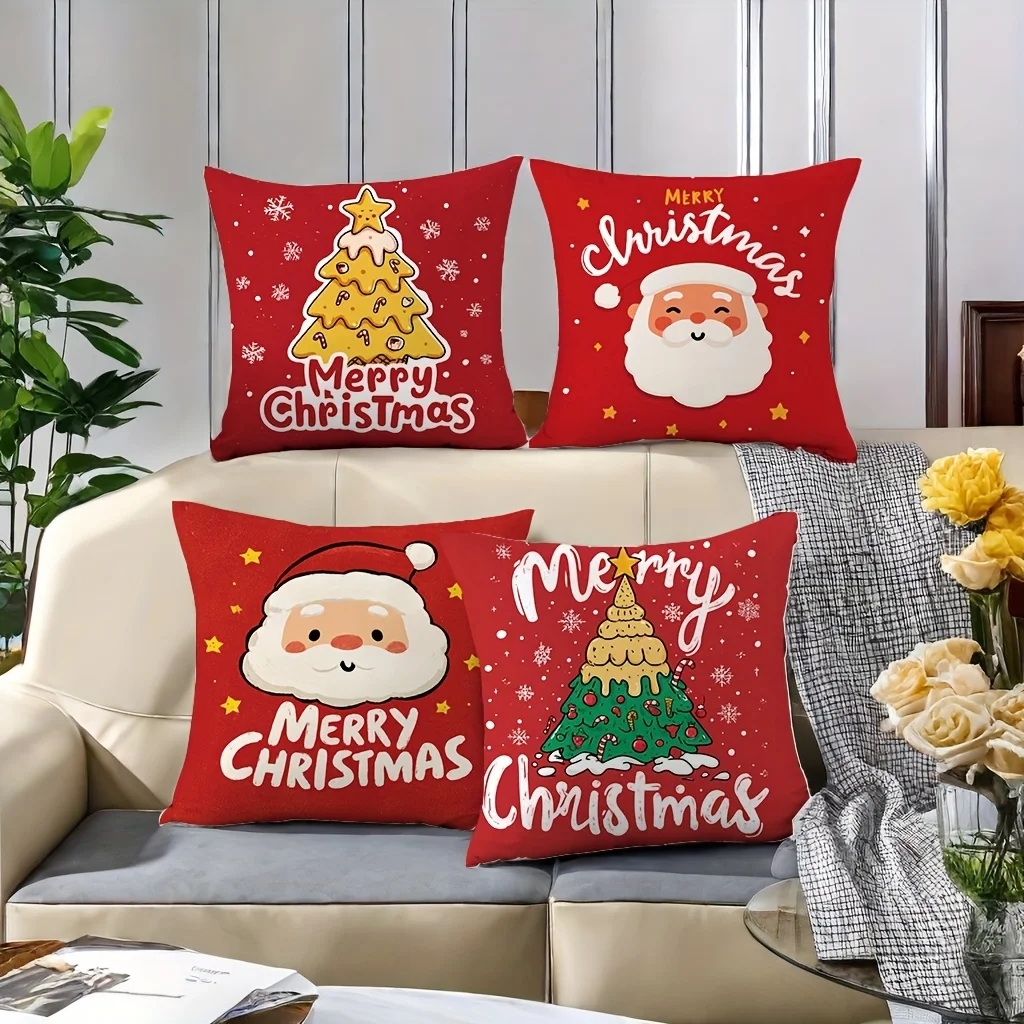 Set of 4 Christmas Pillow Covers - 18X18 Inches, Machine Washable with Zipper Closure, Featuring Snowflakes And Tree Designs
