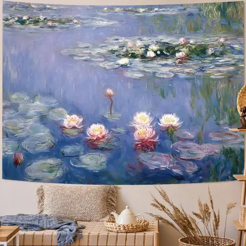 Monet Tapestry Wall Impressionist Water Lily Tapestry, Monet Style Pond Scene Wall Hanging for Living Room Bedroom Decor, Classic Art Gift