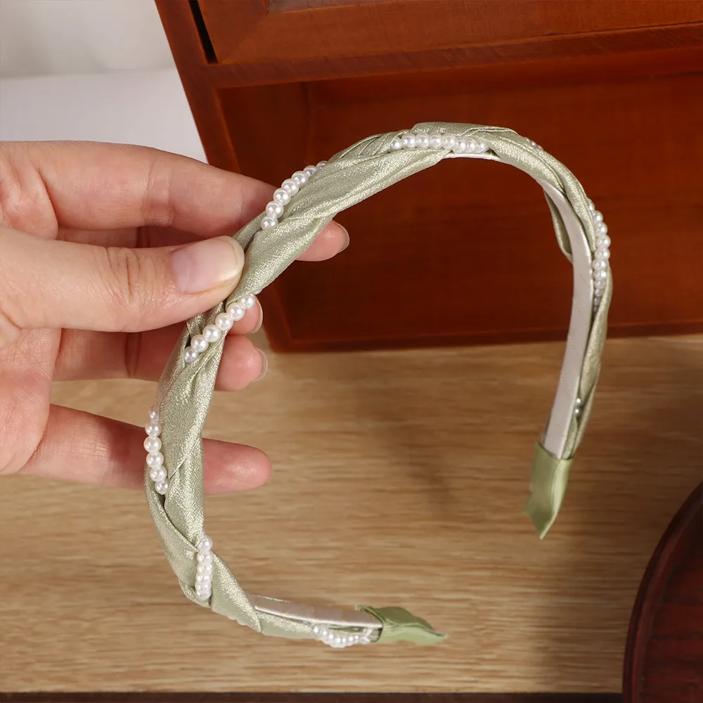 Fresh Twist Pearl Green Hair Hoop For Women Headwear Ladies Weave Headband Thin Hairband Sweet Girls Hair Accessory