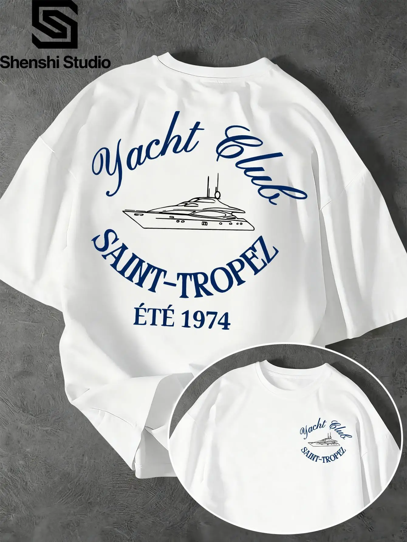 Full of Southern French Vintage Vibes Yacht Club Blue Print on White T-shirt, So Stylish for Men, A Standout Summer Item, Streetwear Trend, Suitable for Daily and Weekend Wear, Summer Outdoor Fashion for Men