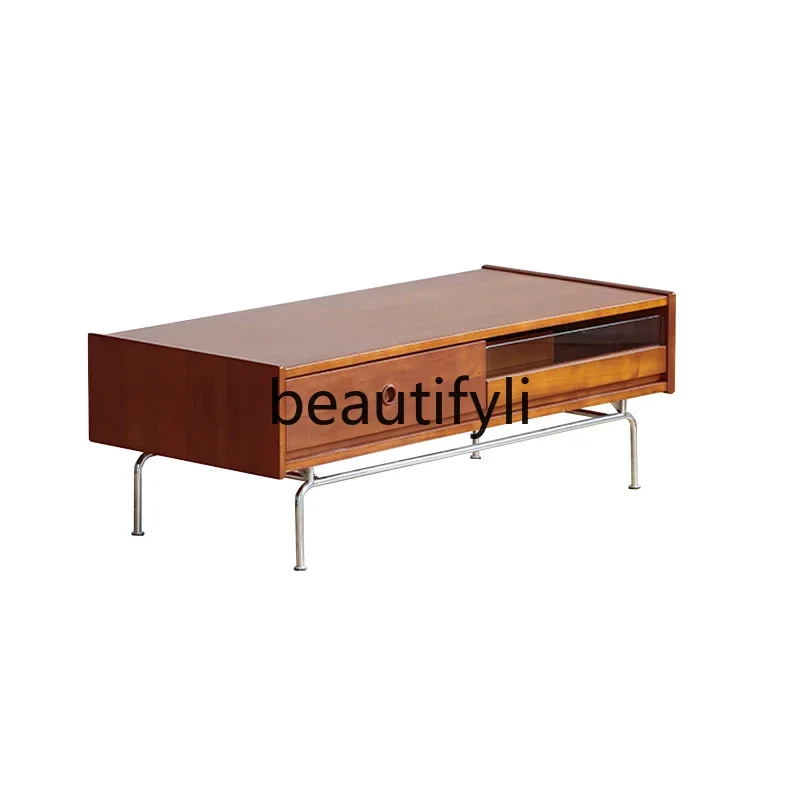 

xqqSmall apartment living room coffee table retro solid wood Japanese ins simple stainless steel tea table