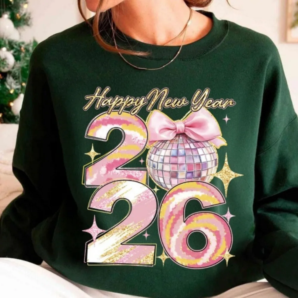 เสื้อฮู้ดดี้สวัสดีปีใหม่ 2026 เสื้อพูลโอเวอร์สีชมพูประดับโบว์ เสื้อฮู้ดดี้ปีใหม่ ลายดิสโก้บอล