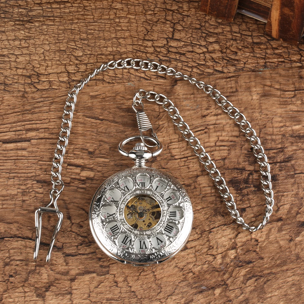 Transparent Hollow Roman Numerals Display Mechanical Pocket Watch Hand-Winding Luxury Vintage Pendant Chain Clock Gift Male