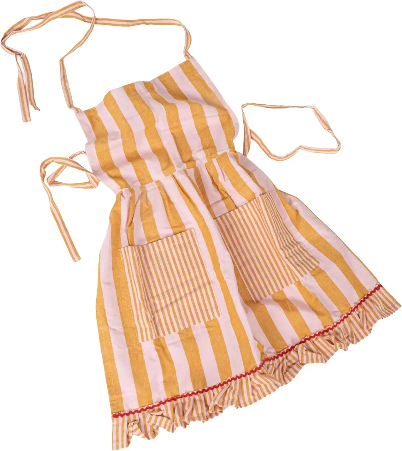 

Woven Cotton Striped Apron with Ruffle, Pockets & Ric Rac Trim in Mustard & Pink