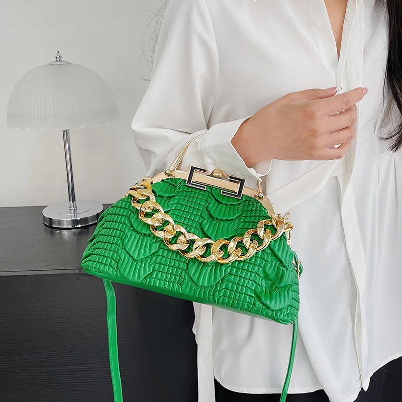 2023 Luxury Women Pink Green Pleat Shoulder Bags Gold Thick Chain Messenger Bags Totes PU Leather Handbags Lady Evening Clutch