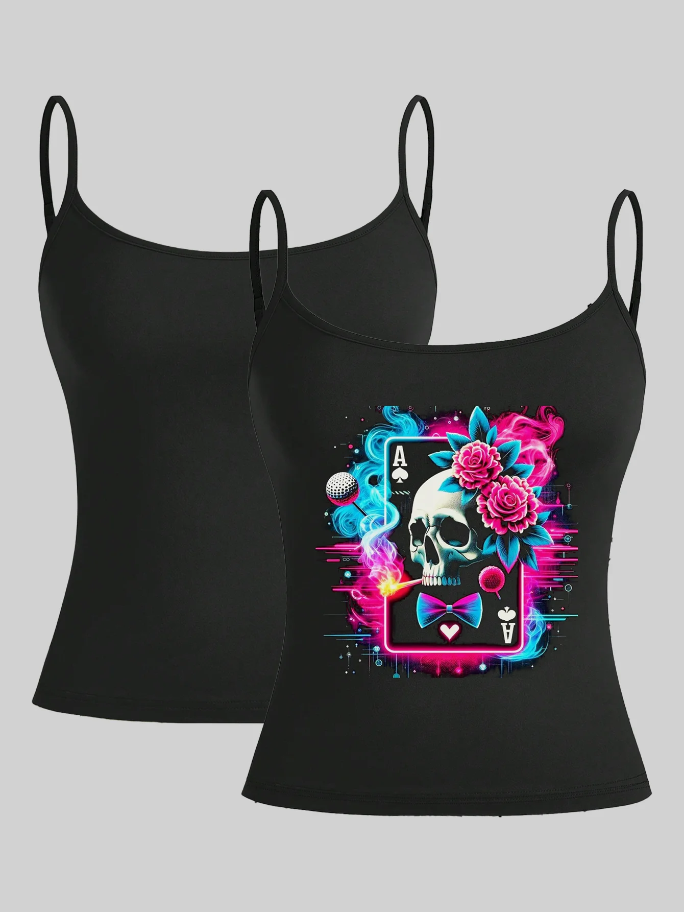 

Mystical Gaming Wardrobe Duo: Tarot Inspired Print and Versatile Black Camisoles for Women's Day to Night Wear
