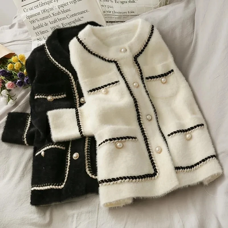 White Cashmere Knitted Cardigan Women Luxury Pearl Button Sweater Coats Female Korean Elegant O Neck Pocket Streetwear Tops New