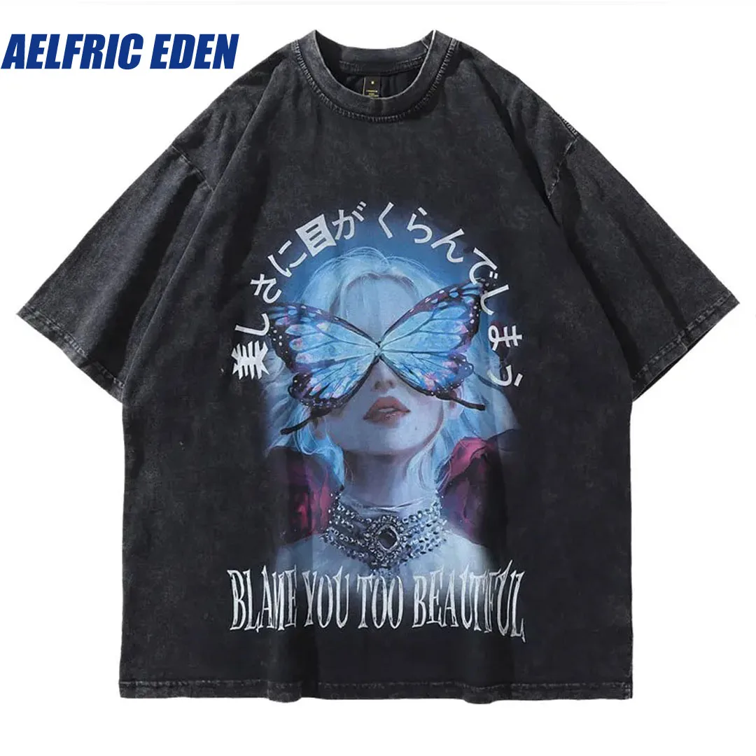 Aelfric Eden Oversize Men Tshirt Hip Hop Japanese Girl Butterfly Print Distressed Punk Gothic Tee Shirt Summer Casual T-Shirt