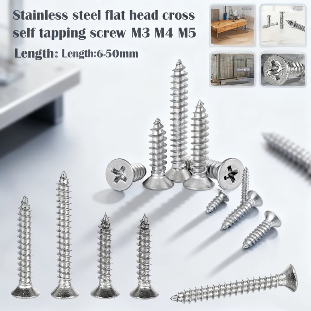 100Pcs M3 M4 M5 304 Stainlesss Steel Cross Phillips Thin Flat Wafer Head Self-Tapping Wood Screws Hardware Fasteners Set