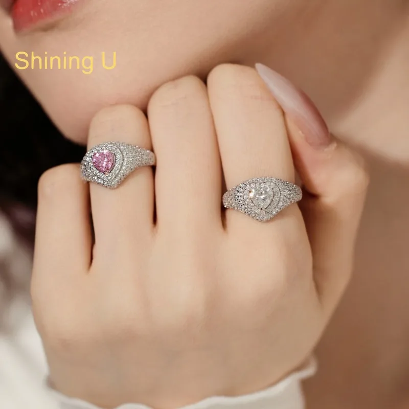 Shining U S925 Silver Pink Heart High Carbon Diamond Gems Ring Fine Jewelry Wedding