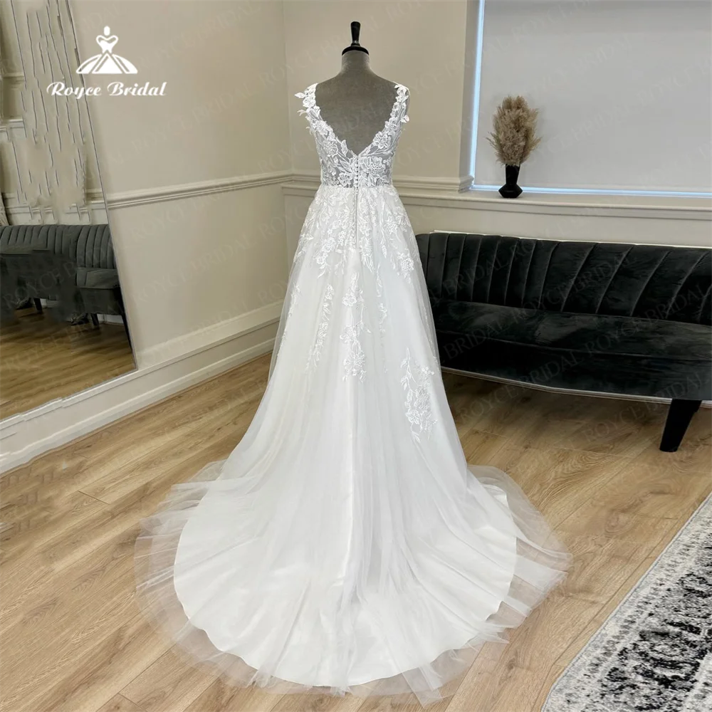 Classic A Line Wedding Dress Tulle V Neck Modern Bridal Gowns Sleveless Allure Lace Applique Sweep Train свадебное платье