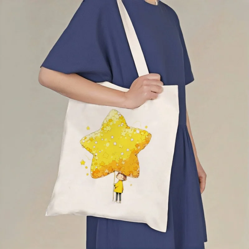 

1pc Little Boy & Glowing Star Print Canvas Tote Bag, Casual Shoulder Shopper, Reusable Daily Carry Bag
