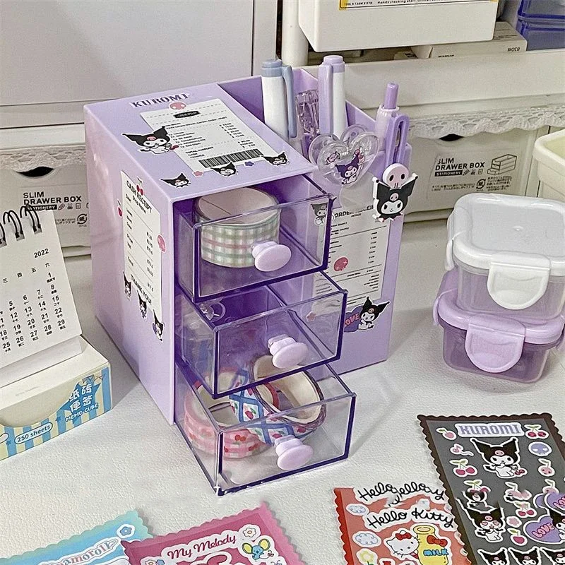 Kawaii Sanrio Kuromi Pen Holder Hello Kitty My Melody Cinnamoroll Girl Cartoon Large Capacity Desktop Stationery Storage Box