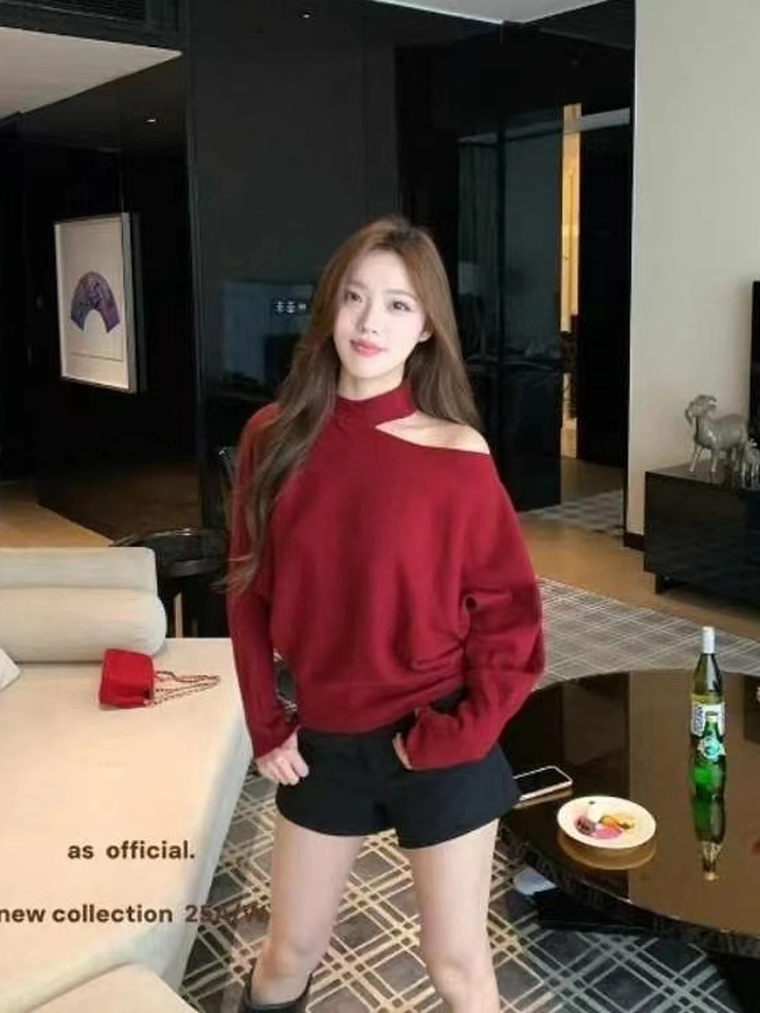 Elegant Red Knitted Off-Shoulder Base Shirt Women's Autumn Winter Loose Sweater Inner Unique Beautiful Top French Style Soft ...