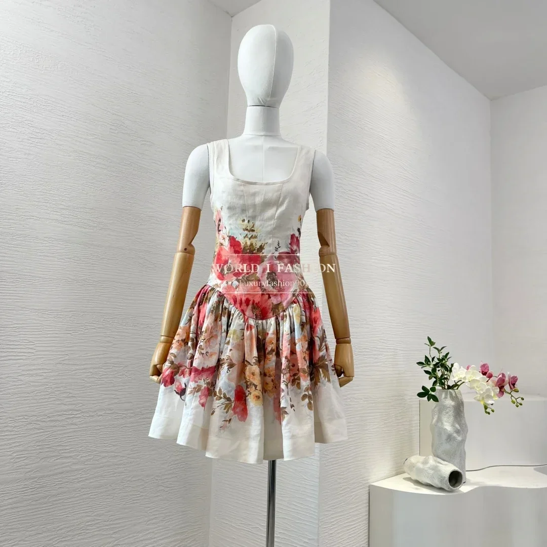 Summer New Sleeveless White A-line Cut Out Floral Print Pleats Women Mini Dress
