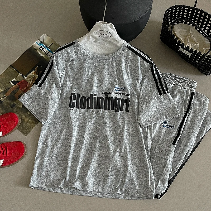 

Wedbleser Sports Suit Casual Work Pants Summer Korean Version Contrasting Color Round Neck Short Sleeved Letter Printed T-shirt