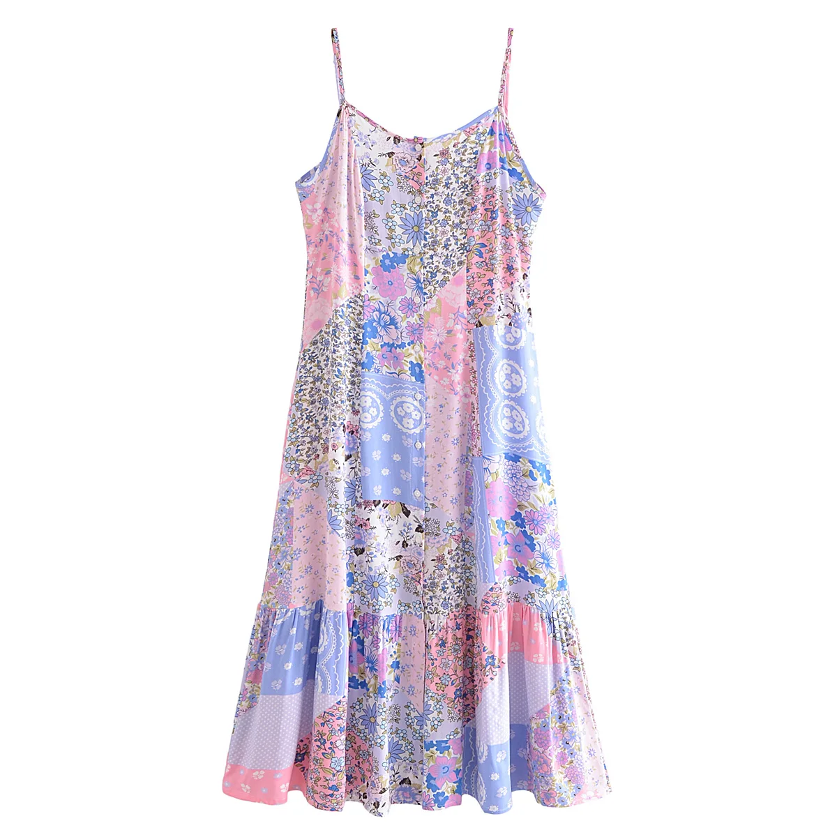 2023 BOHO Contrast Color Flower Print Midi Long Sling Dress Hippie Women Single-breasted Buttons Ruffles Hem Slit Robe Holiday